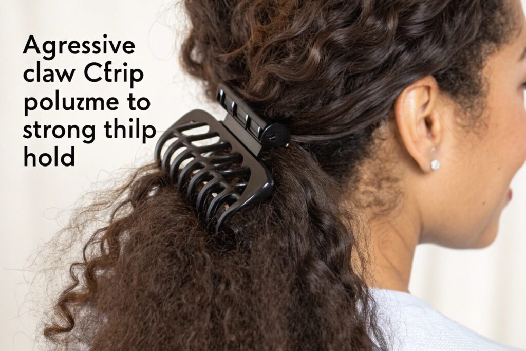 A black claw hair clip in a woman's curly hair