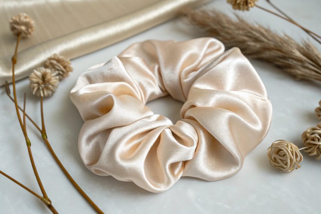 A beige silk scrunchie