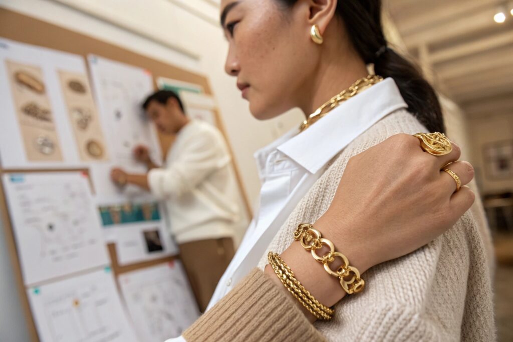 A person wearing multiple gold jewelry pieces, including a necklace, bracelets, rings, and earrings, looking at design sketches on a board in an office setting