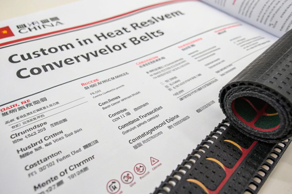 Close-up of a product page showcasing custom heat-resistant conveyor belts, detailing key specifications and features such as material composition, size, and manufacturing origin.