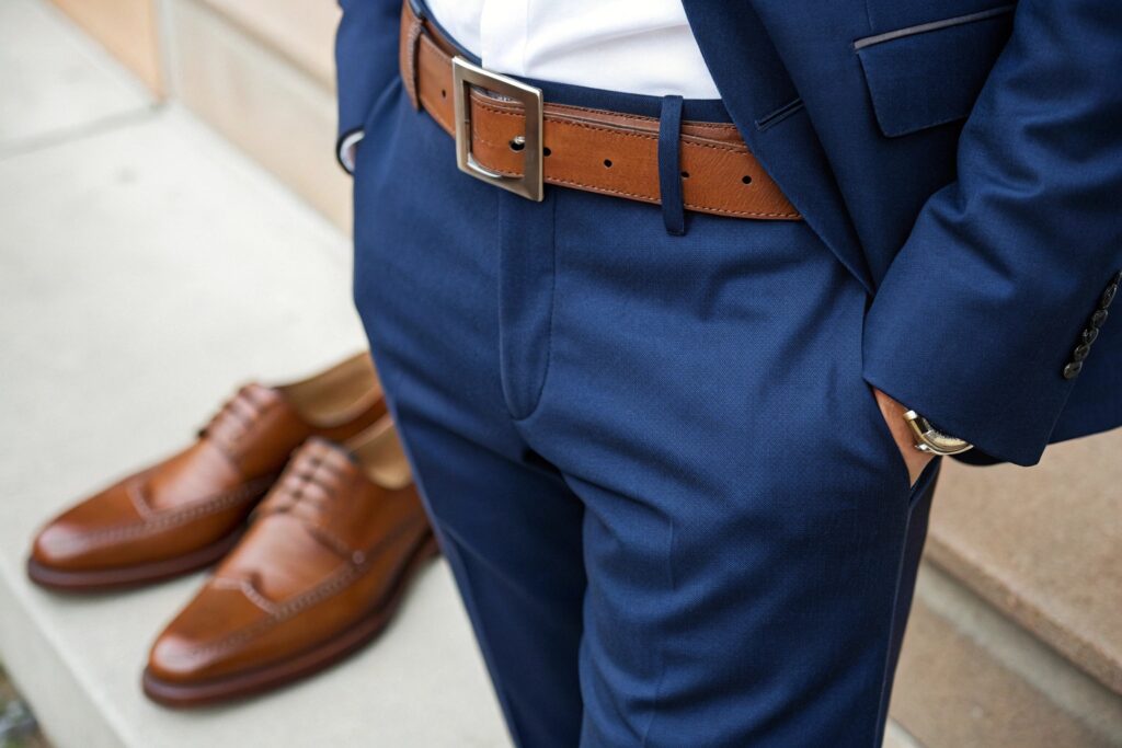 A man wearing a blue suit with a brown leather belt and brown shoes