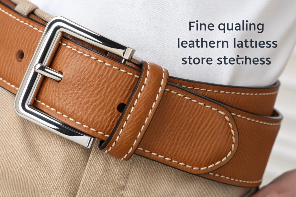 Close-up of a brown leather belt with white stitching and a silver buckle