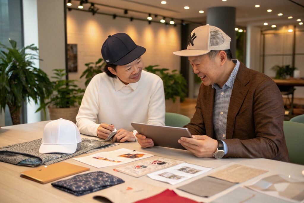 Chinese business owners discussing custom baseball cap designs in a modern showroom. Fabric swatches, tech pack printouts, and structured cap samples on the table indicate premium private label production for B2B buyers. Ideal image for showcasing collaborative product development, OEM hat manufacturing, or personalized cap branding services.