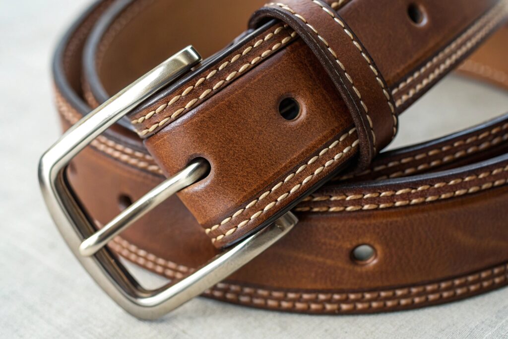 Close-up of a high-quality brown leather belt with white stitching and a silver buckle