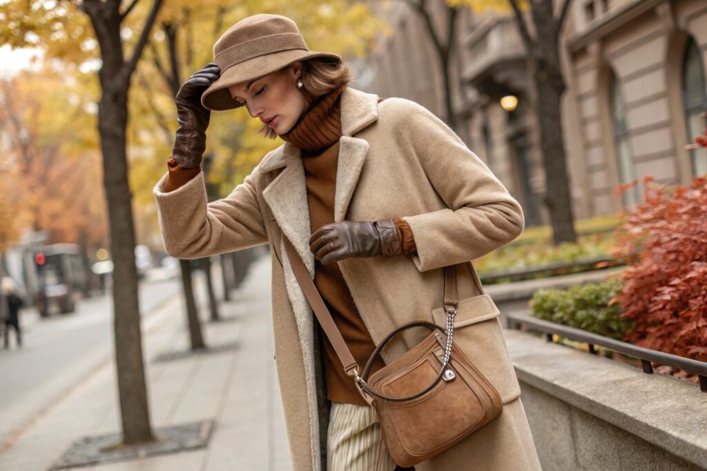 A person with short blonde hair wearing a light brown bucket hat, a brown turtleneck sweater, a long beige coat, and brown leather gloves, standing on a city sidewalk in autumn