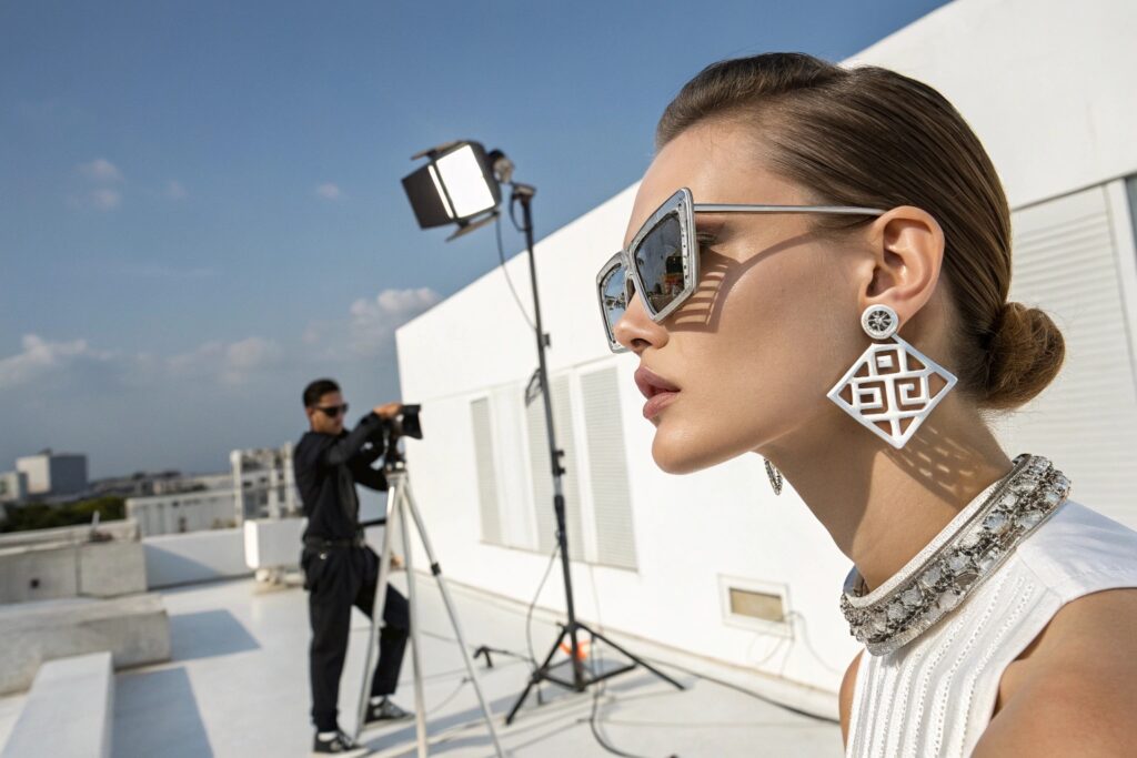 A person with their hair pulled back, wearing large silver sunglasses and statement earrings, being photographed outdoors with studio lighting