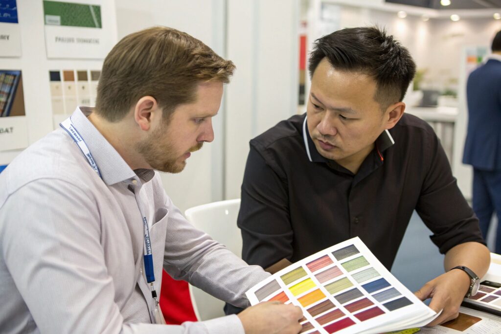 Two individuals, one appearing to be a White man with light brown hair and a mustache wearing a light purple shirt, and the other appearing to be an East Asian man with short black hair wearing a black shirt, looking at a color swatch book together