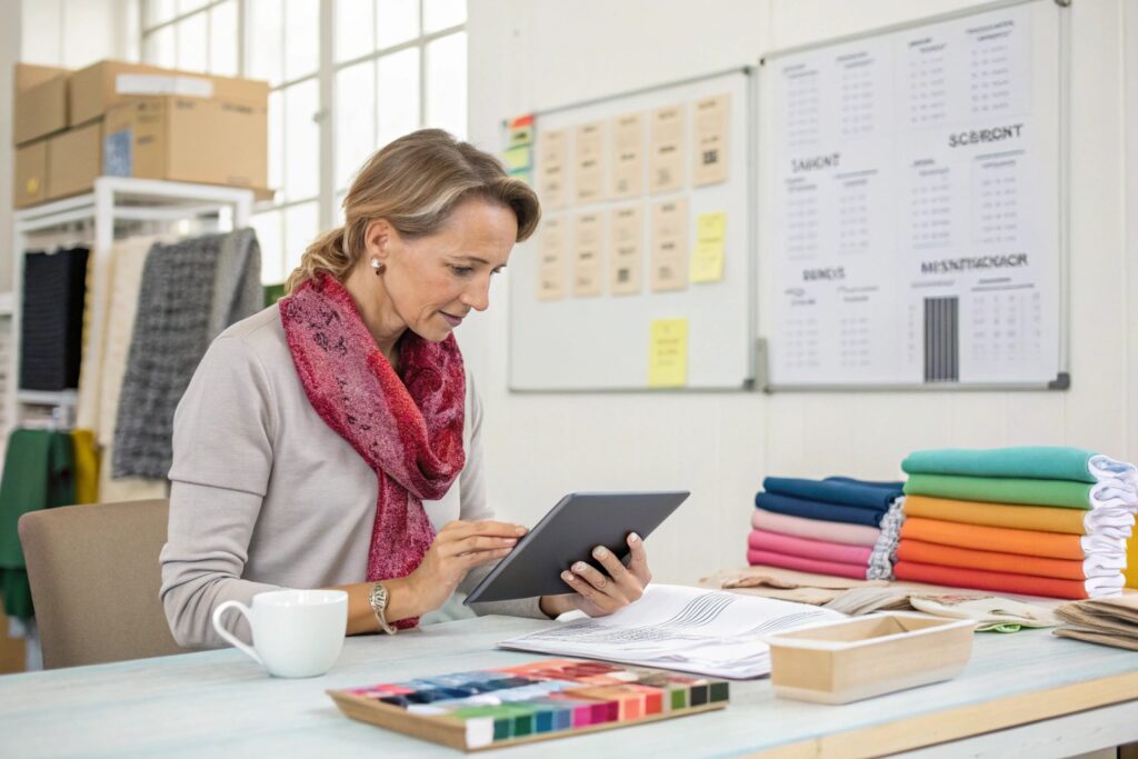 A European woman in a bright modern office reviewing textile samples on a tablet, with colorful fabric stacks and swatches on the table
