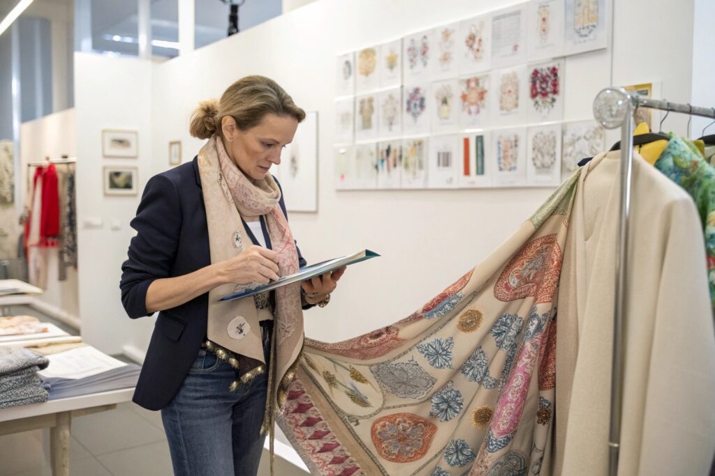 A European woman in a bright textile showroom carefully inspecting and documenting the details of a patterned fabric sample