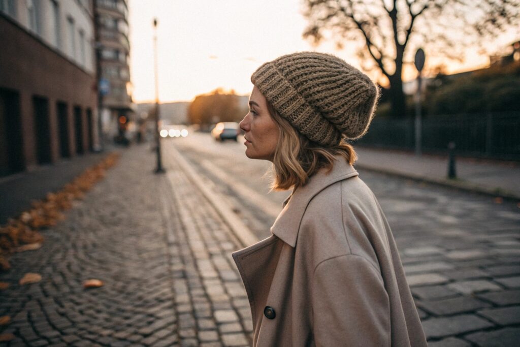A European woman walking on a cobblestone street at sunset, wearing a cozy beige coat and a textured knit beanie, embodying autumn city style