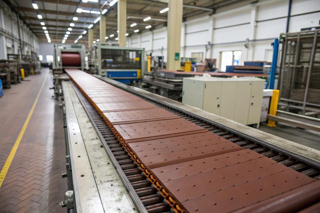 A factory floor with advanced machinery efficiently producing high-quality, heat-resistant leather materials. The conveyor belt is shown carrying the leather, highlighting the automated precision of the production process for durable accessories like belts.