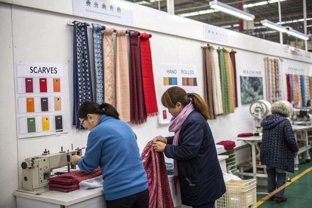 Factory Workers Inspecting and Finishing Scarves
