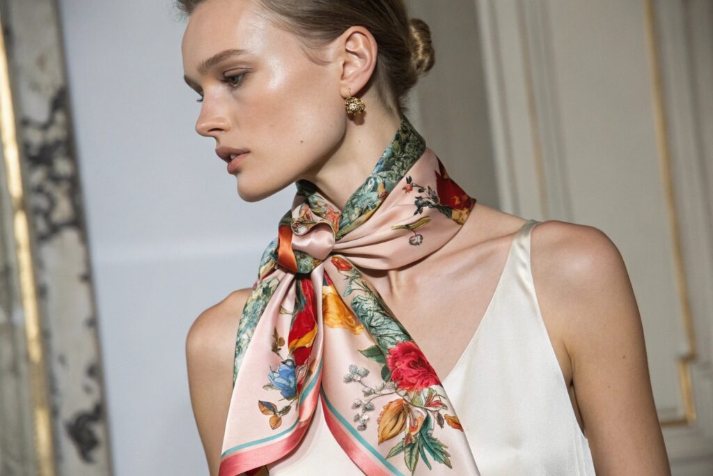 Elegant Model Wearing Floral Silk Scarf in Studio
