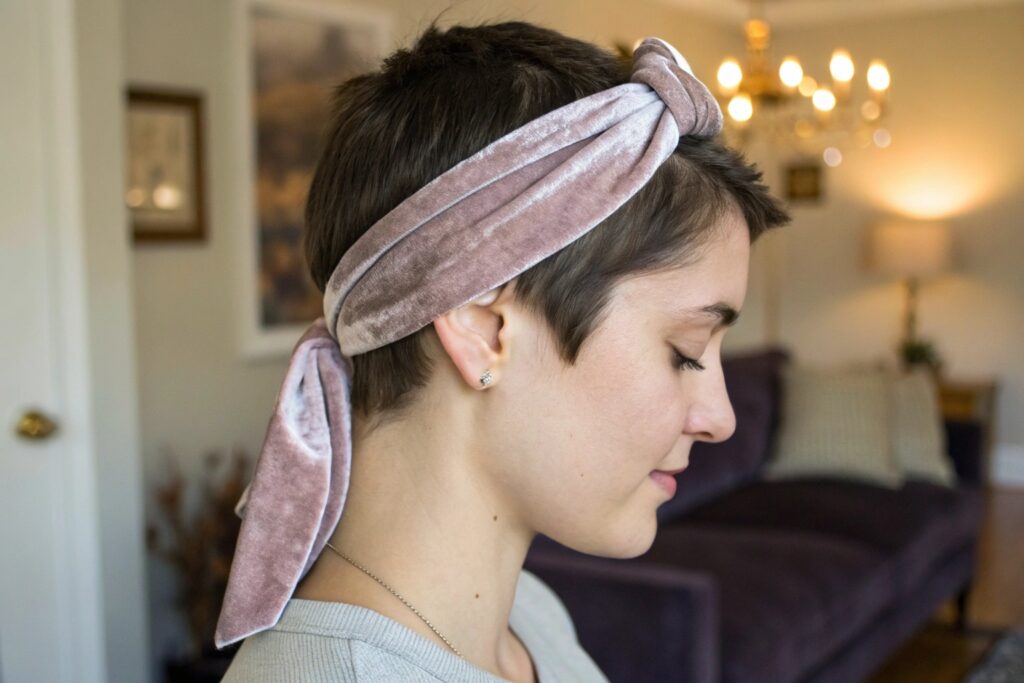 A woman with short brown hair wearing a pink headband