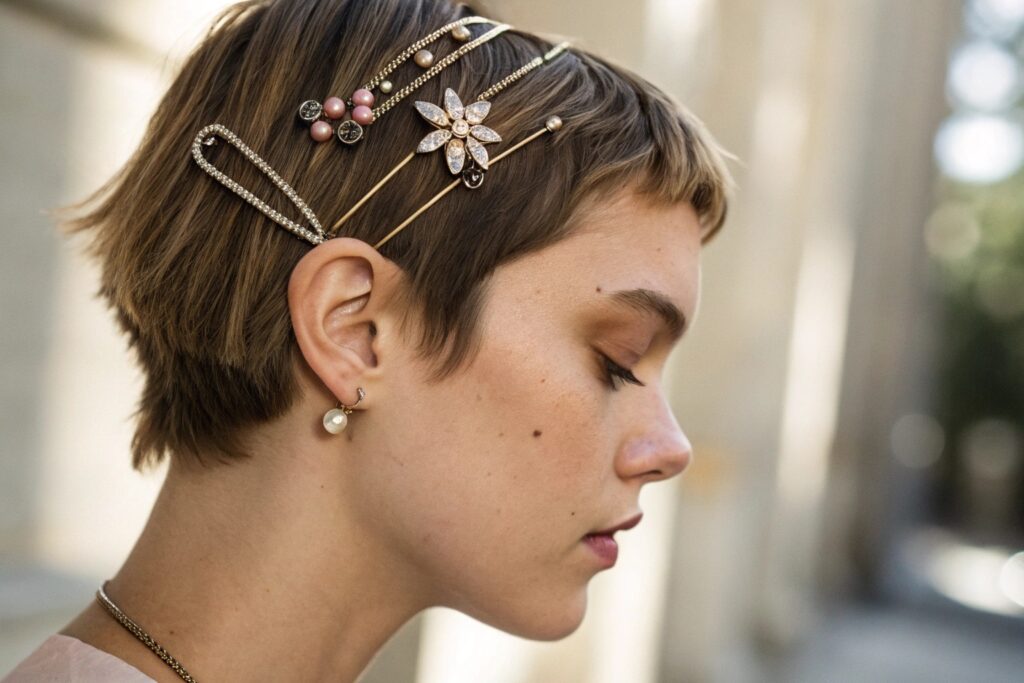 A woman with short brown hair and decorative hair clips