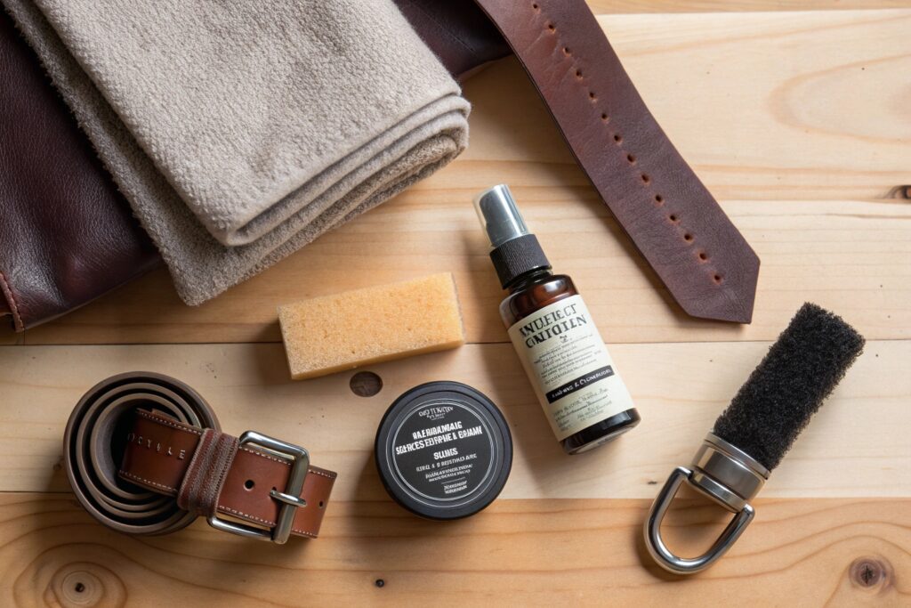 Flat lay of essential tools for sealing a leather belt, including conditioner spray, balm, sponge, and polishing brush—perfect for Chinese leather belt suppliers showcasing high-end product care kits.