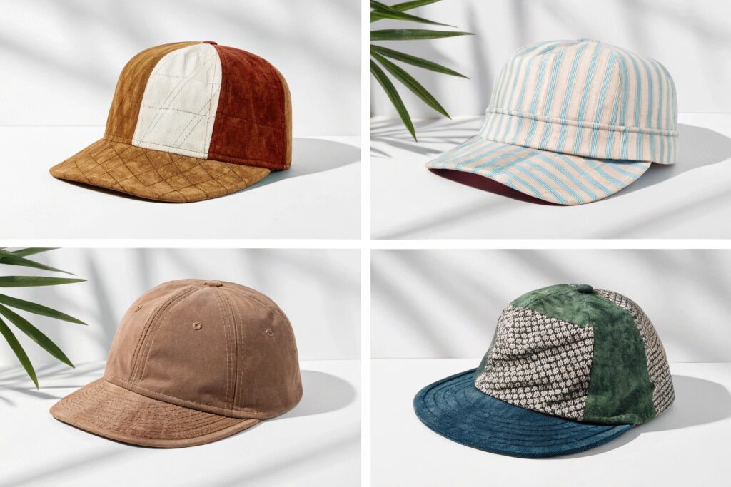A grid of four stylish and unique baseball caps laid out on a sunlit white background, each showcasing different textures and colors like patchwork suede, striped cotton, solid brown, and retro green-and-blue houndstooth