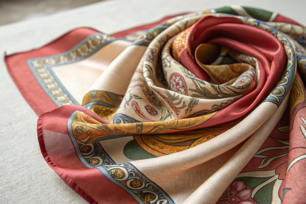 Luxury silk scarf fabric close-up – A macro image showcasing vibrant baroque-style prints and premium smooth texture. Perfect for highlighting high-end craftsmanship and textile detail in fashion accessories.