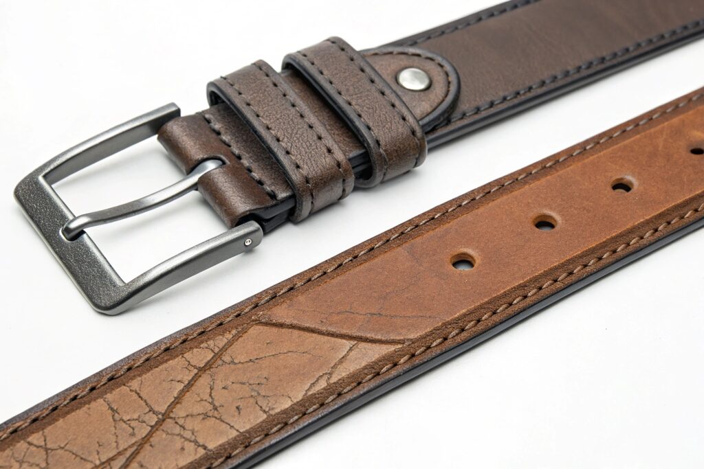 Macro close-up of two brown leather belts with different surface textures and sturdy black metal buckles, ideal for showcasing quality craftsmanship and custom belt production by Chinese leather goods manufacturers.