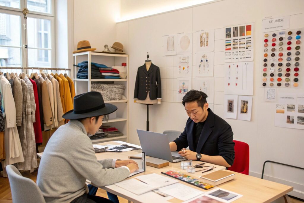 Modern fashion design studio where a Chinese designer collaborates on outerwear development. The workspace features fabric swatches, coat samples on hangers, color palettes on the wall, and a laptop open for digital sketching. Ideal for showcasing B2B apparel design services, jacket development for brands, and custom garment sampling for outerwear buyers.