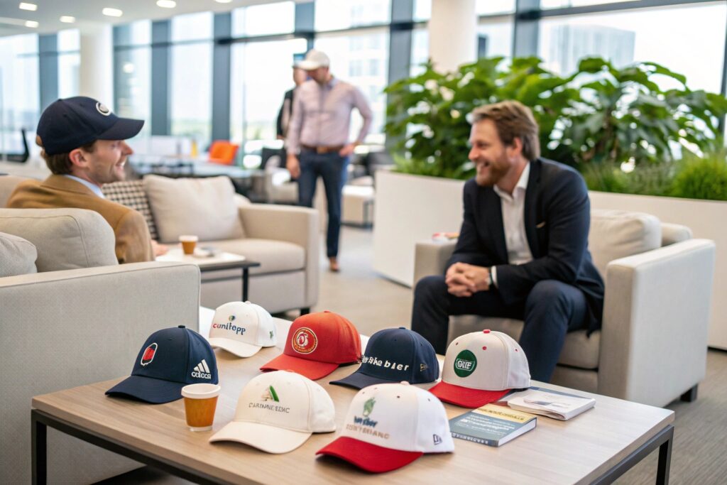 Modern office lounge scene with European or American businessmen discussing customized embroidered baseball caps on a coffee table. Featuring branded dad hats in various styles and logos, this setting is ideal for showcasing corporate promotional merchandise, private label headwear, and B2B apparel deals in a professional, stylish environment.