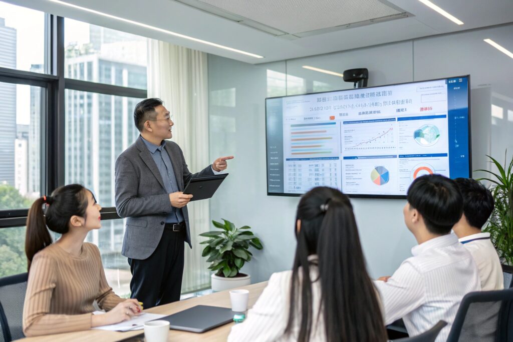 A man in a gray blazer presenting data on a large screen to a group of four people seated around a conference table in a modern office