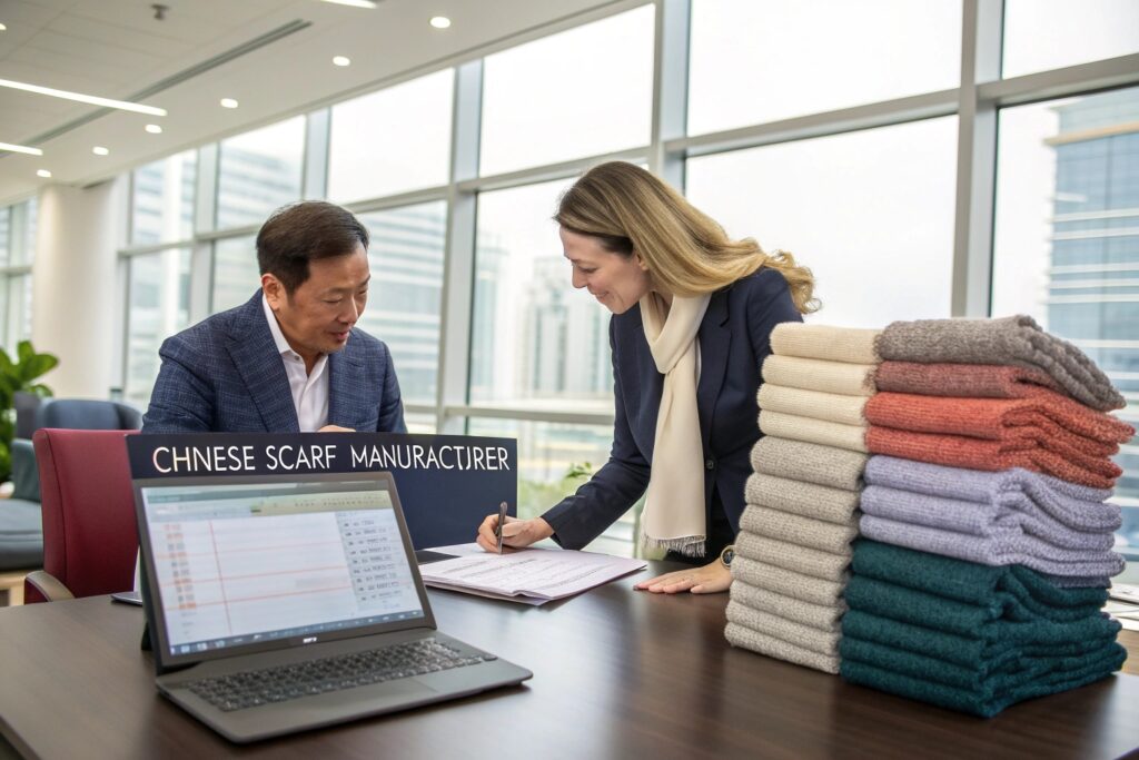 A modern office setting where a Chinese scarf manufacturer is having a business discussion with a European or American buyer. A neat stack of colorful knitted scarves is placed on the desk next to a laptop and paperwork.