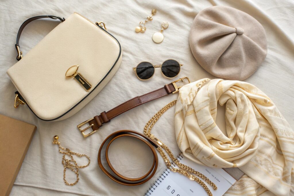 A flat lay of various fashion accessories on a light-colored surface, including a beige handbag, round sunglasses, a beige beret, a light beige scarf with gold stripes, a brown belt, gold necklaces, and earrings