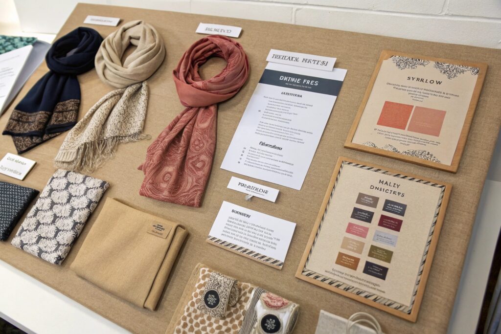 A product display board showcasing different scarf designs, fabric swatches, brand story cards, and color charts, neatly arranged for presentation