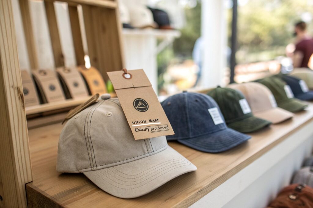 Ethically made dad hats on retail display – A close-up of neutral-tone and earth-colored baseball caps with sustainability tags. Ideal for showcasing eco-friendly headwear, ethical fashion, or casual unisex accessories.