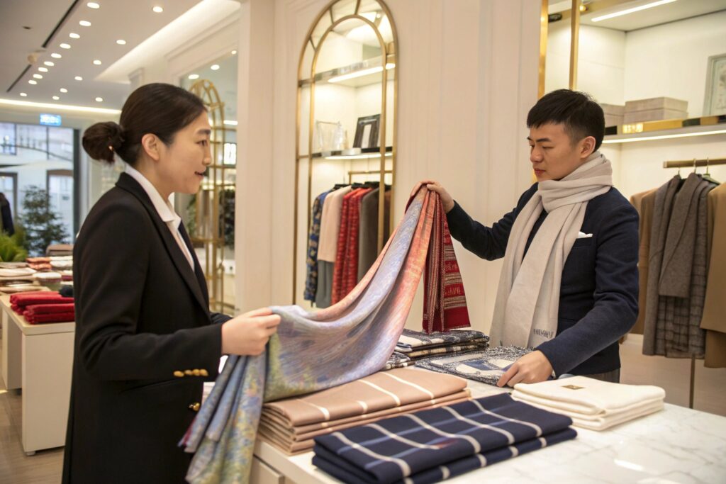 Chinese Showroom Staff Presenting Scarves to a Client