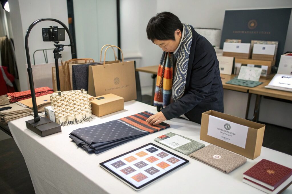 Studio scarf customization display – A Chinese textile specialist arranging custom sample scarves at a professional branding table, surrounded by packaging mockups, color swatches, and a digital catalog. Perfect visual for showcasing B2B private label scarf manufacturing.
