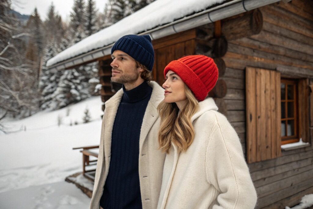 A stylish European couple, man and woman, standing outside a rustic wooden cabin in a snowy forest, wearing cozy knit hats and winter coats
