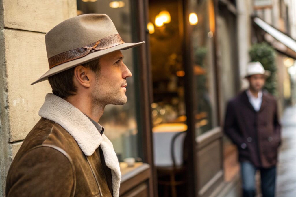 A person wearing a light brown fedora with a patterned band and a brown jacket with a shearling collar, standing on a city street