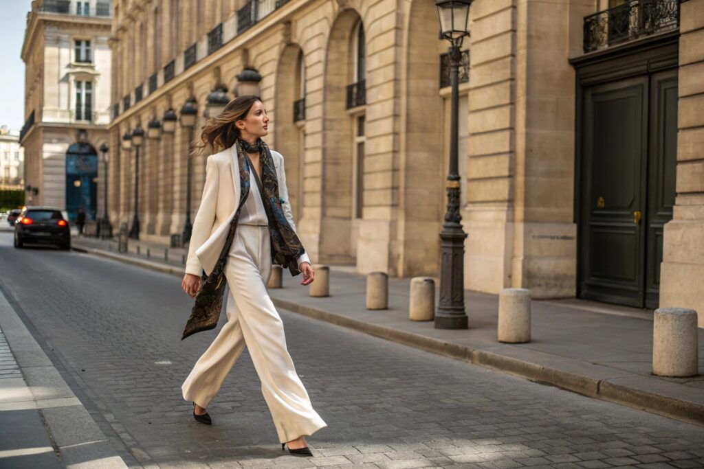 Elegant street fashion – A stylish European woman confidently walking down a city street, dressed in a cream-colored pantsuit paired with a luxurious silk scarf. This look highlights modern sophistication and luxury fashion accessories.