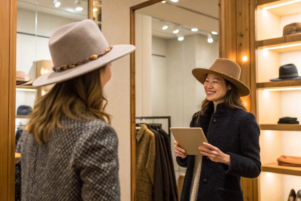 Two people in a hat shop; one is trying on a light gray hat with a decorative band and looking in a mirror, while the other, holding a tablet, is smiling and wearing a brown hat