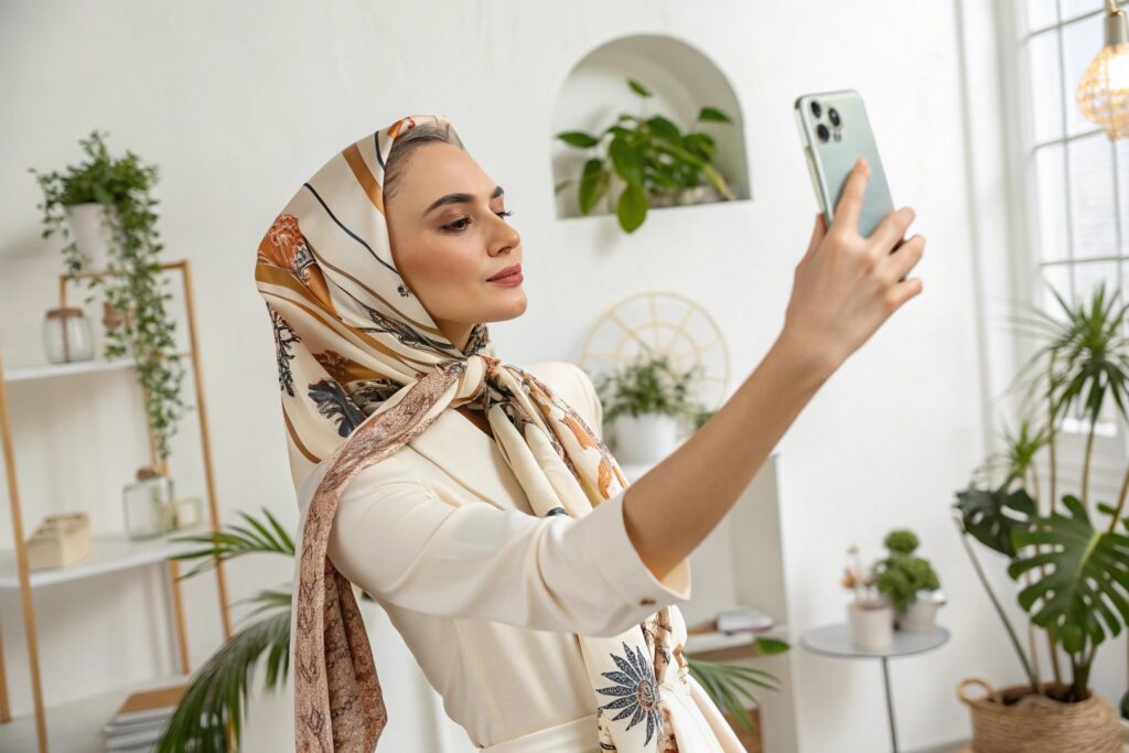 Fashion Influencer Wearing Silk Scarf Taking Selfie