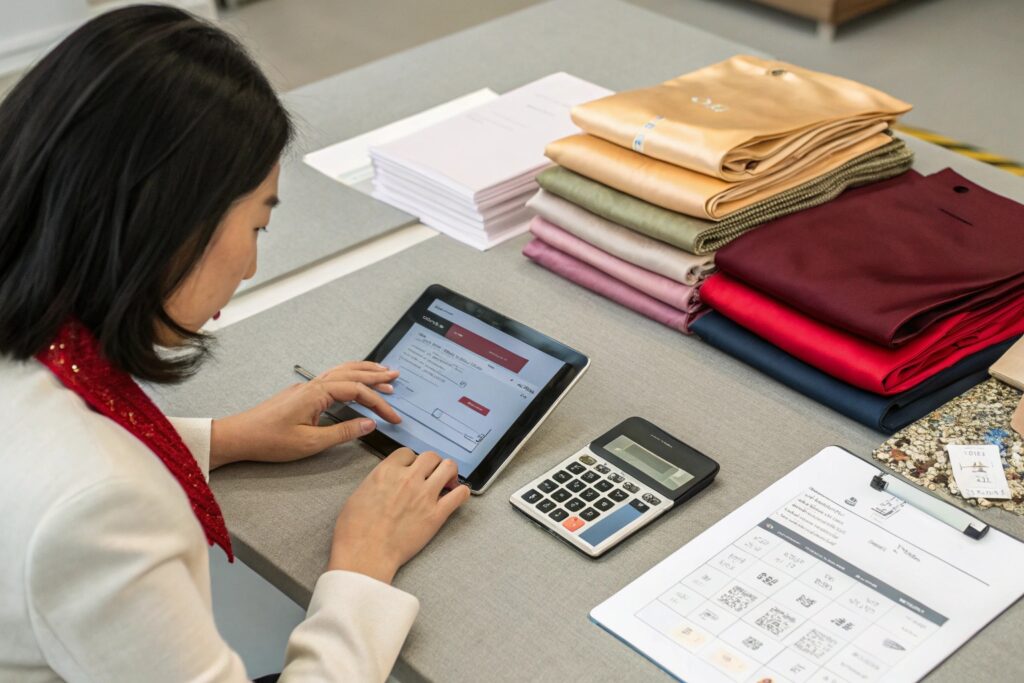 Chinese Fashion Entrepreneur Placing Fabric Order on Tablet