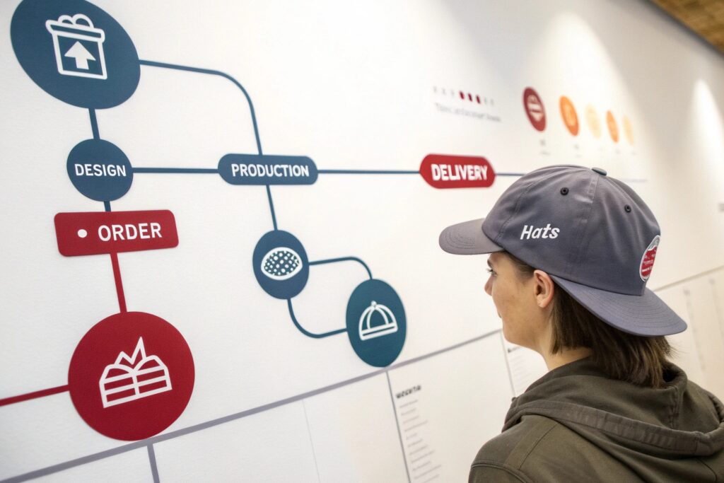 A person wearing a gray baseball cap with the word "Hats" on it, looking at a flowchart illustrating the order, design, production, and delivery process of a product