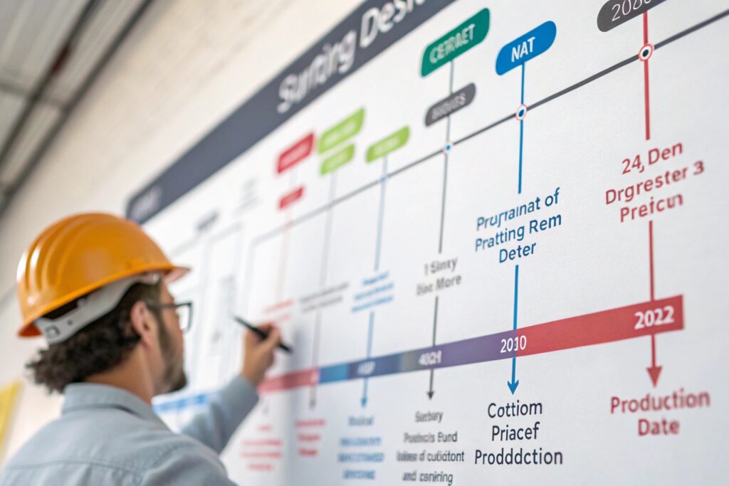 A person wearing an orange hard hat and glasses writing on a large timeline chart on a wall