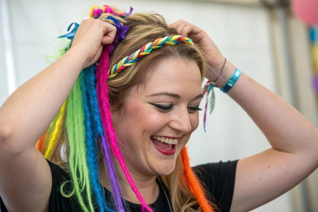 A smiling person with blonde hair and colorful synthetic dreadlocks and a braided headband