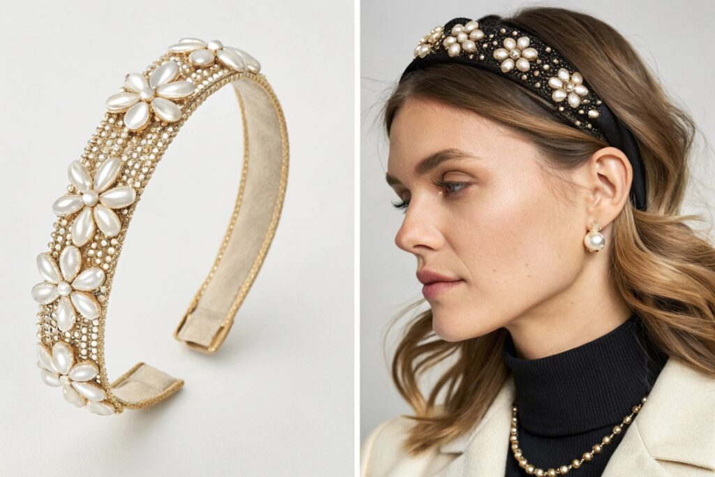 A pearl headband and a woman wearing a pearl headband and necklace