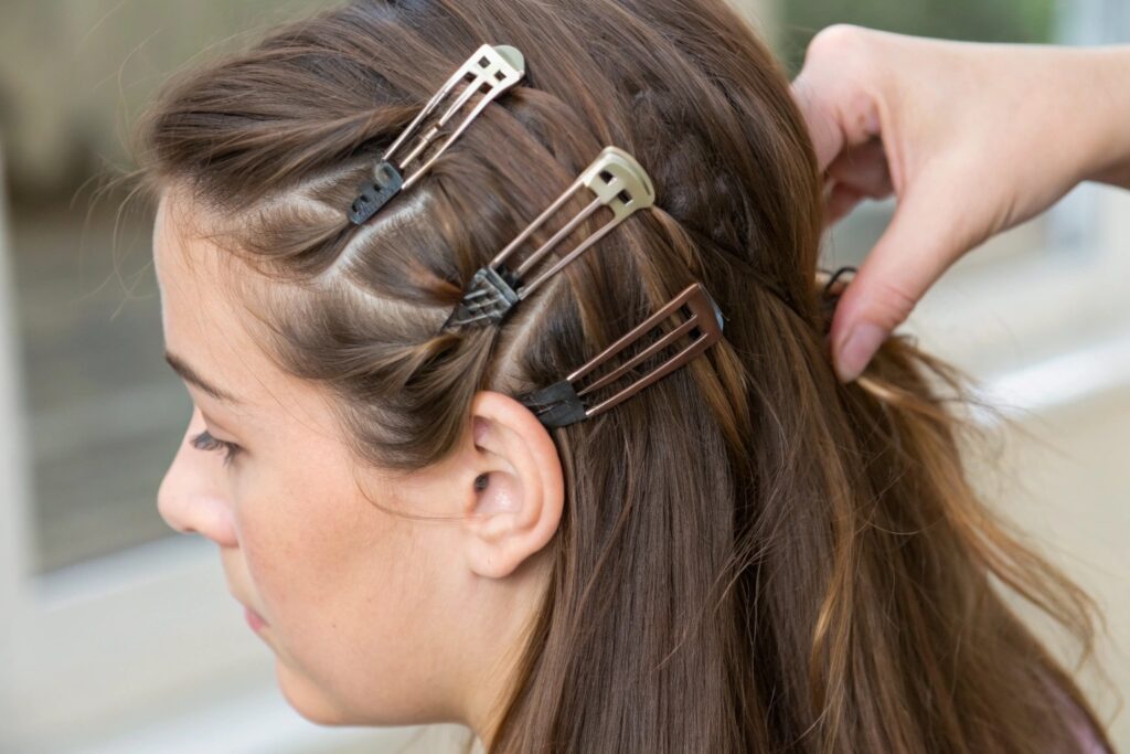 A young woman getting her hair styled with clips