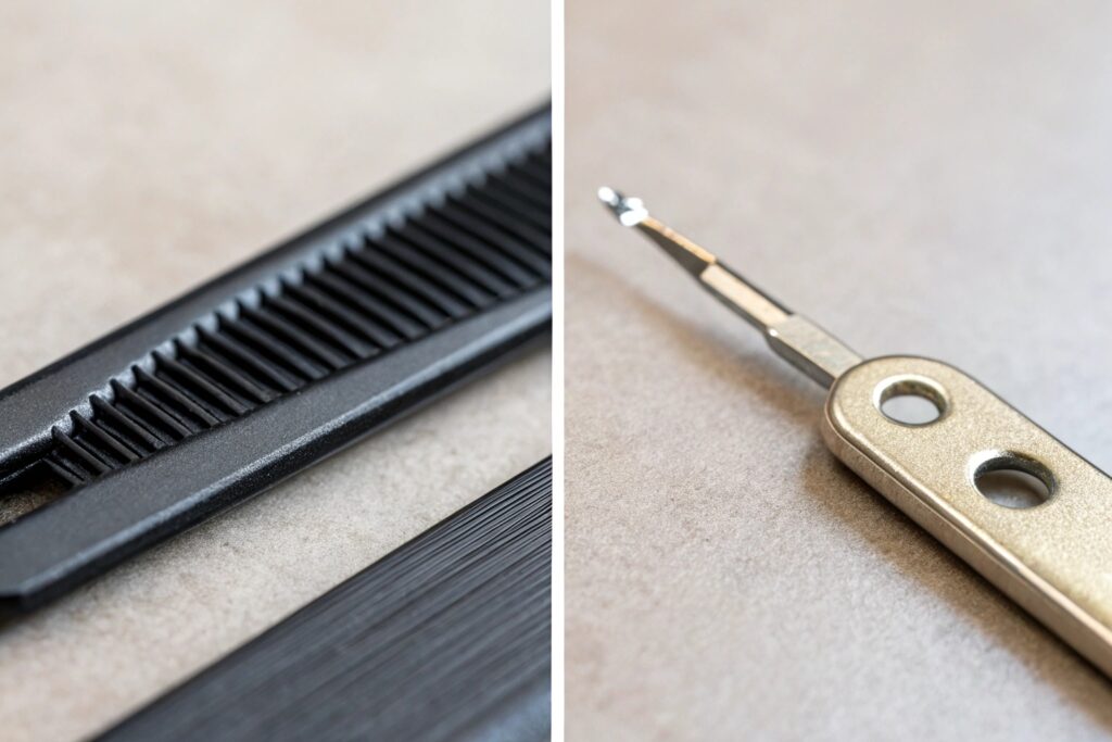 A black comb and a silver tool