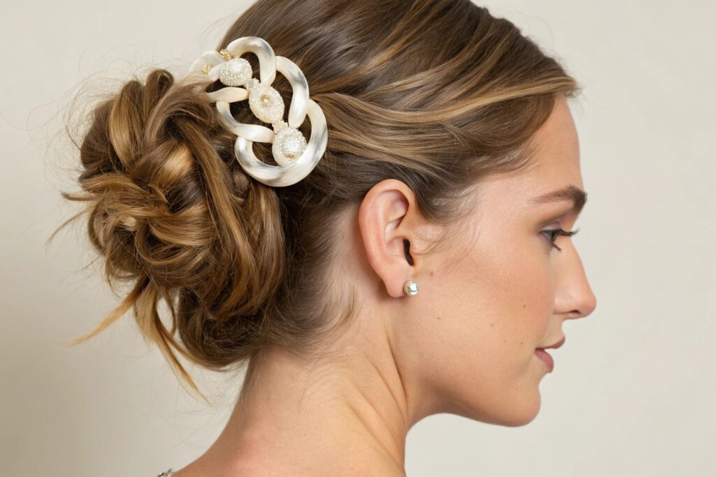 A woman with a decorative hair clip in her updo