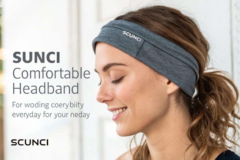 A woman wearing a comfortable gray headband