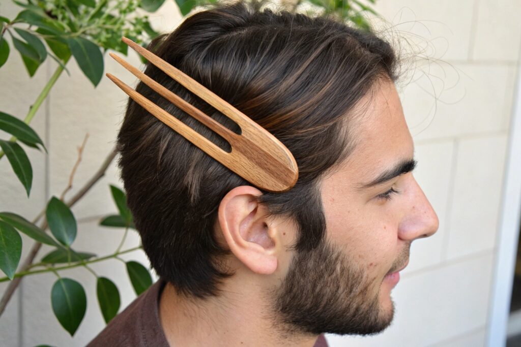 A man with a wooden hair stick in his hair