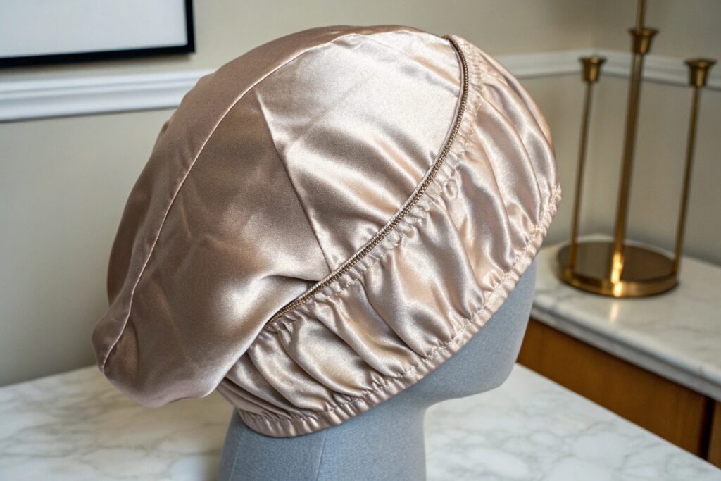 A beige satin bonnet