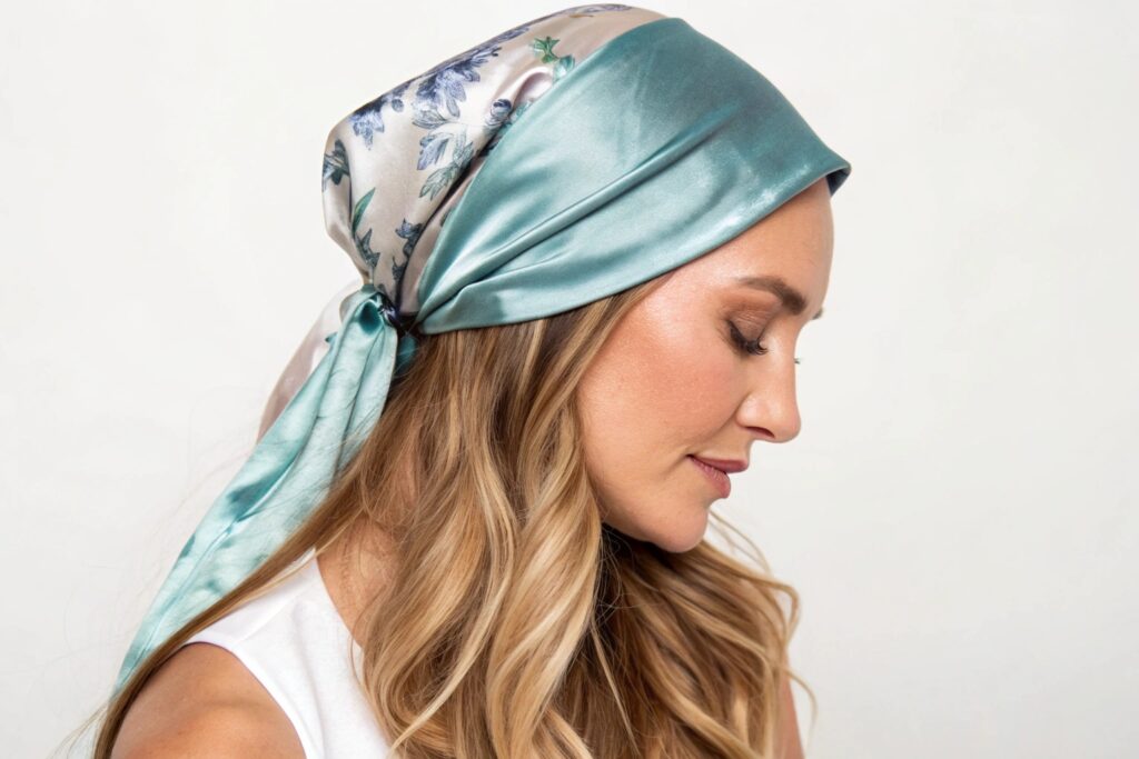 A woman wearing a blue and white head scarf