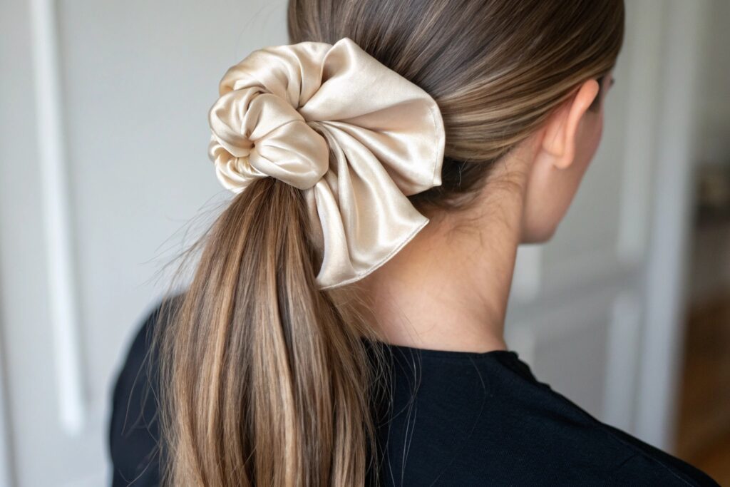 A woman with a ponytail and a scrunchie